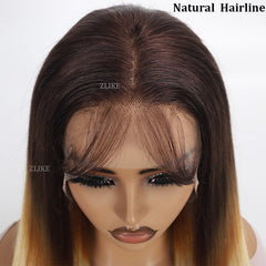 Brown Roots Ombre Wig Blonde Bone Straight Human Hair Wigs