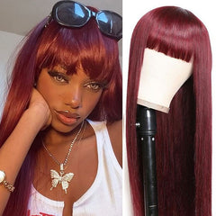 Burgundy 99J Straight Wig With Bangs Human Hair