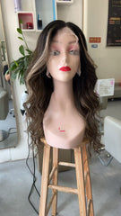 MEBARY Balayage Brown Lace Front Wig with Blonde Highlights ¨C Human Hair Glueless Wig for White Women, Natural Wavy Look