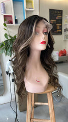 MEBARY Balayage Brown Human Hair Wig with Blonde Highlight for White Women