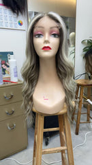 MEBARY Lace Front Human Hair Wig for White Women ¨C Ash Blonde to Grey Ombre with Soft Curls, Pre-Plucked Hairline & Glueless  HD Lace Wig