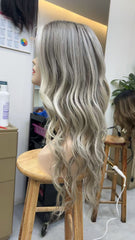 MEBARY Ash Blonde to Grey Ombre with Soft Curls Human Hair Wig for White Women