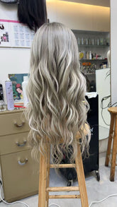 MEBARY Ash Blonde to Grey Ombre with Soft Curls Human Hair Wig for White Women
