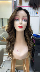 MEBARY Lace Front Human Hair Wig for White Women ¨C Dark Brown with Caramel Highlights, Loose Waves, Glueless & Pre-Plucked