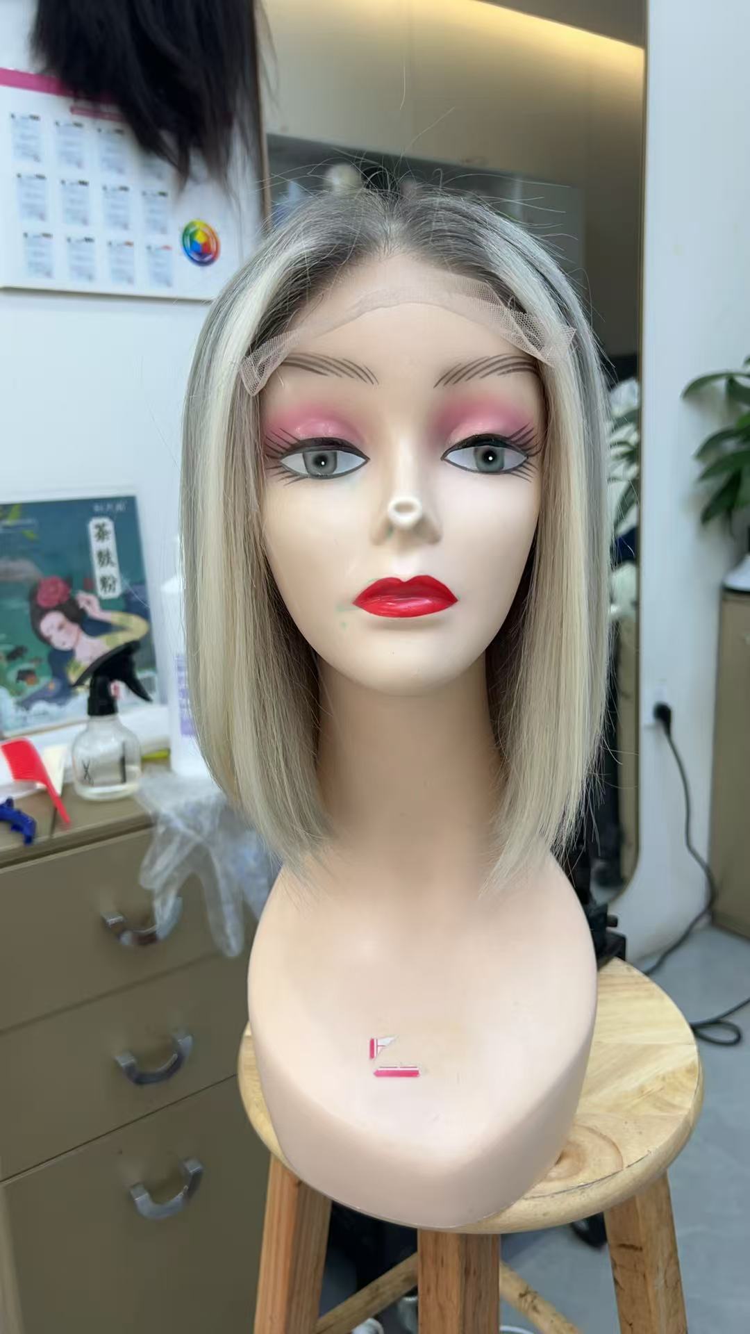 MEBARY Straight Short Blonde with Gray Highlights Bob Cut Human Hair Wig for White Women