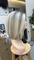 MEBARY Straight Short Blonde with Gray Highlights Bob Cut Human Hair Wig for White Women
