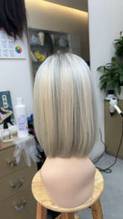 MEBARY Straight Short Blonde with Gray Highlights Bob Cut Human Hair Wig for White Women