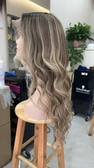 MEBARY Long Wavy Ash Brown with Dark Roots Human Hair Wig for White Women