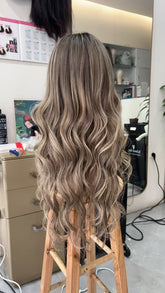 MEBARY Long Wavy Ash Brown with Dark Roots Human Hair Wig for White Women