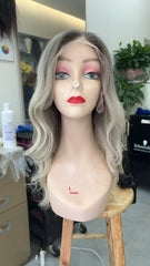 MEBARY Lace Front Human Hair Wig for White Women ¨C Long Wavy Platinum Blonde with Dark Roots, Glueless Natural Hairline Wig