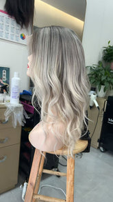 MEBARY Long Wavy Platinum Blonde with Dark Roots Human Hair Wig for White Women