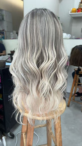 MEBARY Ash Blonde Balayage with Dark Roots Wavy Human Hair Wig for White Women