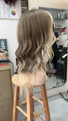 MEBARY Ash Brown with Platinum Blonde Face-Framing Highlights Human Hair Wig for White Women