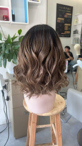 MEBARY Short Brown with Caramel Blonde Highlights Human Hair Wig for White Women