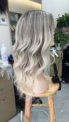 MEBARY Ash Blonde Balayage with Dark Roots Wavy Human Hair Wig for White Women