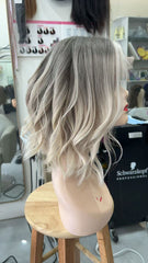 MEBARY Short Silver Blonde Bob with Dark Roots Human Hair Wig for White Women