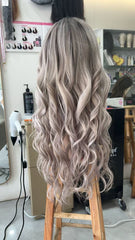 MEBARY Ash Gray Wavy Human Hair Wig for White Women