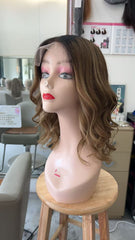 MEBARY Ombre Brown Wavy Lace Front Human Hair Wig for White Women - Short Curly Bob Style