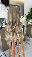 MEBARY Long Wavy Blonde Highlighted Ombre Human Hair Wig for White Women