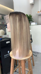 MEBARY Short Straight Ash Blonde Ombre Silky & Natural Human Hair Wig for White Women