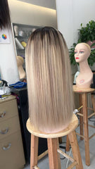 MEBARY Short Straight Ash Blonde Ombre Silky & Natural Human Hair Wig for White Women