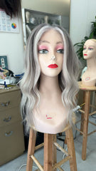 MEBARY Lace Front Human Hair Wig for White Women ¨C Silver Grey with Platinum Blonde Highlights, Wavy Bob