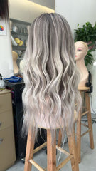 MEBARY Silver Grey with Platinum Blonde Highlights Wavy Human Hair Wig for White Women