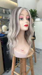 MEBARY Silver Grey with Platinum Blonde Highlights Wavy Human Hair Wig for White Women