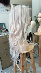 MEBARY Long Wavy Platinum Blonde Natural Curls Lace Front Human Hair Wig for White Women