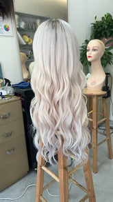 MEBARY Long Wavy Platinum Blonde Natural Curls Lace Front Human Hair Wig for White Women