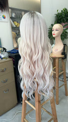 MEBARY Long Wavy Platinum Blonde Natural Curls Lace Front Human Hair Wig for White Women