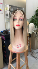 MEBARY Lace Front Human Hair Wig for White Women ¨C Blonde with Dark Roots Straight Bob Cut