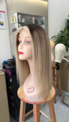 MEBARY Blonde with Dark Roots Straight Short Bob Cut Human Hair Wig for White Women