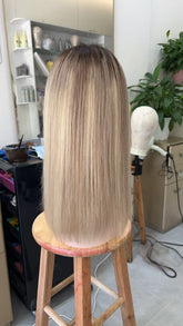 MEBARY Blonde with Dark Roots Straight Short Bob Cut Human Hair Wig for White Women