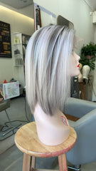 MEBARY Short Silver Grey Straight Bob Human Hair Wig for White Women