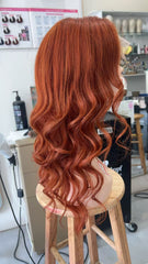 MEBARY Copper Red with Soft Waves Human Hair Wig for White Women Natural Hairline