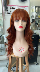 MEBARY Copper Red with Soft Curls and Fringe Human Hair Wig for White Women