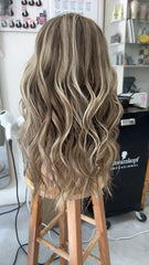 MEBARY Soft Ash Brown with Blonde Highlights Wavy Human Hair Wig for White Women Effortless Everyday Style