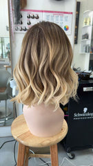 MEBARY Short Shoulder-Length Blonde Balayage Wavy Human Hair Wig for White Women Light Weight Daily Wear
