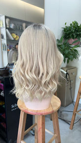 MEBARY Blonde Wavy Lace Front Human Hair Wig with Bangs Effortless Soft Layers for White Women