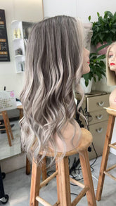 MEBARY Silver Gray Ombre Human Hair Wigs for White Women Natural and Elegant Style