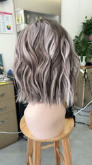 MEBARY Ash Gray Short Wavy Bob Natural Look Lace Front Human Hair Wig for White Women