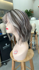 MEBARY Ash Gray Short Wavy Bob Natural Look Lace Front Human Hair Wig for White Women