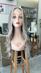 MEBARY Lace Front Human Hair Wig for White Women ¨C Long Wavy Silver Gray with Platinum Highlights