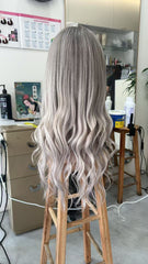 MEBARY Long Wavy Silver Gray with Platinum Highlights Human Hair Wig for White Women