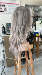 MEBARY Long Wavy Silver Gray with Platinum Highlights Human Hair Wig for White Women