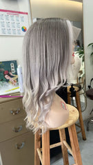 MEBARY Lace Front Human Hair Wig for White Women Silver Ash Blonde with Dark Roots