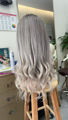 MEBARY Lace Front Human Hair Wig for White Women Silver Ash Blonde with Dark Roots