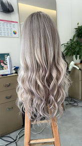 MEBARY Long Wavy Ashy Blonde Lace Front Human Hair Wig for White Women