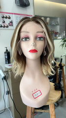 MEBARY Blonde Balayage Shoulder-Length Lace Front Human Hair Wig for White Women ¨C Soft Waves, Natural Looke